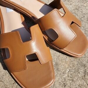 Steven New York Hadyn Slide Sandals Cognac Brown H-Band Square Toe Flat 10M NEW